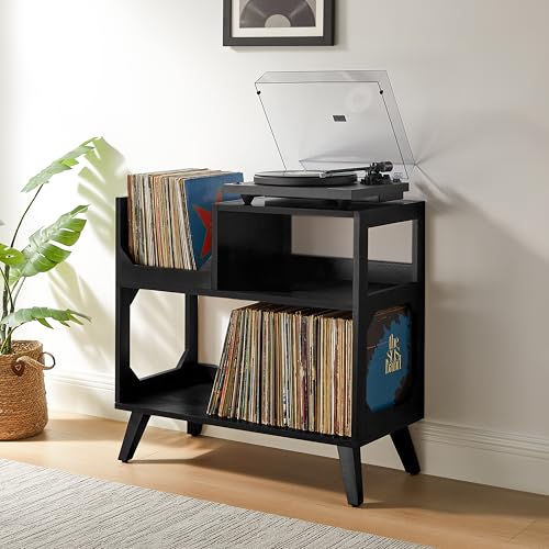 Crosley Furniture Asheville Mid-Century Modern Media Console Record Player Stand, Storage for Vinyl Records, Medium, Black Crosley Furniture