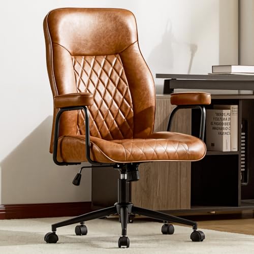Furnistyle Leather Home Office Desk Chairs, Comfy Office Chair, Mid Century Modern Office Chair with Lumbar Support, Mid-Back Adjustable Swivel Computer Chair with Wheels and Arms, Brown Furnistyle