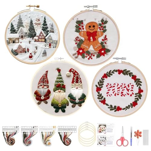 Christmas Embroidery Kit for Adults & Beginners, Gnomes & Christmas Tree Hand Embroidery Ornaments kit with Pattern, Cotton, Needles & Instruction, Christmas DIY Cross Stitch Kits Gifts (4pcs-A)