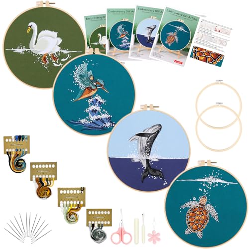 Picoey Embroidery Kit for Beginners with Animal Pattern and Instructions,4 Pack Cross Stitch Kits,2 Wooden Embroidery Hoops,Threads and Needles,Needlepoint Kit