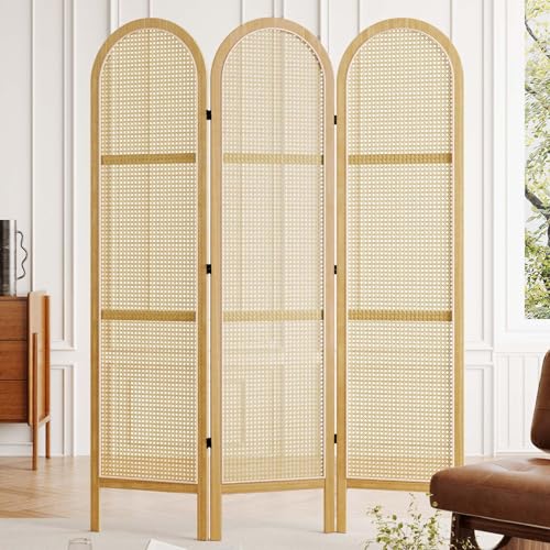 Svimi Room Dividers and Folding Privacy Screens, Pine Wood 5.6 Ft Double Hinged Rattan Partition Freestanding Wall Room Divider for Home - 3 Panels (Natural) Svimi