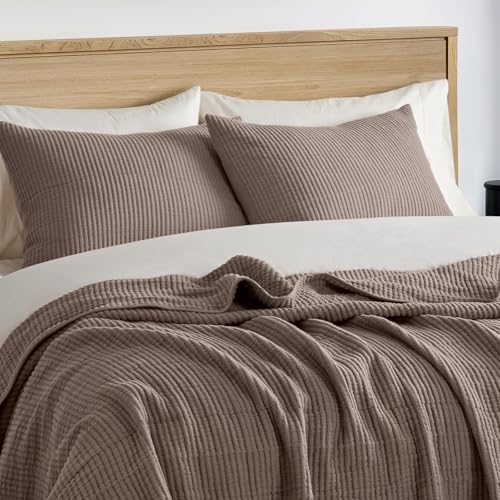 EVERGRACEHOME Cotton Coverlet Set King Size 3 Pieces, Lightweight Soft Ribbed Matelassé Bedspread Quilt Set, Cozy Oversized Quilted Bedding Set with 2 Pillow Shams for All Seasons, Mocha Brown EVERGRACEHOME