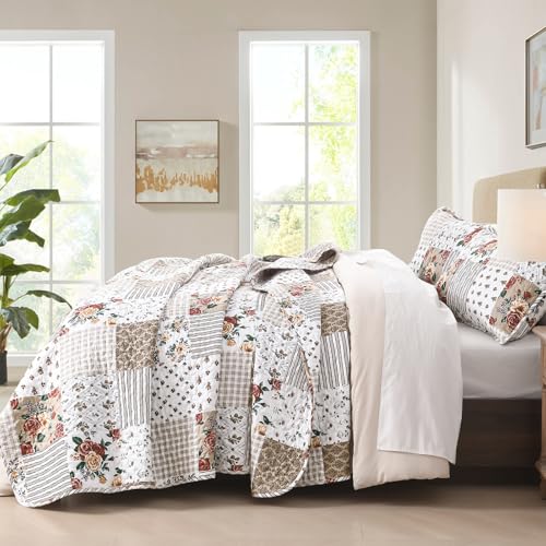 Menghomeus Taupe Floral Quilt Set Queen Boho Patchwork Bedspread Floral Coverlet Reversible Bed Quilt Set All Season Soft Microfiber Bedding Farmhouse Bed Sets, 96"x90" Menghomeus