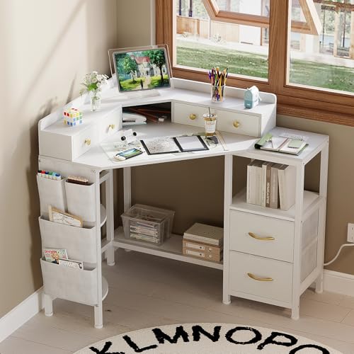 Espelism Corner Vanity Desk with Charging Station, 49.6" Makeup Table with Fabric Drawers & Side Pocket, Space-Saving Dressing Table for Small Space Bedroom Dorm(White) Espelism