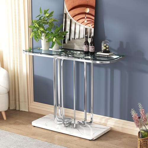 O&K FURNITURE 43" Modern Glass Console Table with Curved Chrome Frame & Faux Marble Base, Silver Narrow Sofa Table for Entryway, Living Room, Hallway, Home Office O&K FURNITURE