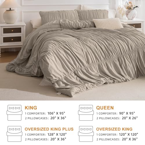 Masaca Oversized King Comforter 128x120,Linen Like Textured Ruched Shabby Boho Chic Bedding Comforter Set,3Pcs Extra Large King Size Ruffle Luxury Fluffy Bedroom Comforter Sets Lightweight Masaca