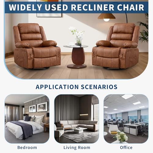 Rocking Recliner Chair for Adults PU Leather Wide 360° Swivel Rocker Recliner with Cup Holder Nursery Glider with Upholstered Deep Seat Lazy boy Chair for Living Room Brown