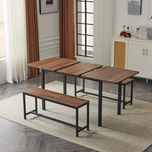 VINGLI 63" Expandable & Foldable 3-Piece Dining Table Set with 2 Benches, Seats 4-6, Space Saving, Ideal for Home, Kitchen, Apartment, Walnut VINGLI
