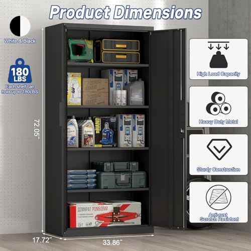 FATIGOS 72''H Tall Metal Garage Storage Cabinet with Lock, Metal Storage Cabinets with Doors and 4 Adjustable Shelves, Heavy Duty Steel Locker for Garage, Warehouse, Home Office, Black FATIGOS
