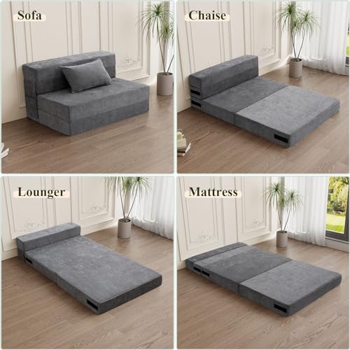 HOMFINE Folding Sofa Bed - Convertible Sleeper Chair with Pillow, Fold Out Couch, Memory Foam Floor Mattress, Futon Couch, Lazy Sofa for Living Room/Dorm/Guest Room/Home Office, Twin, Gray HOMFINE