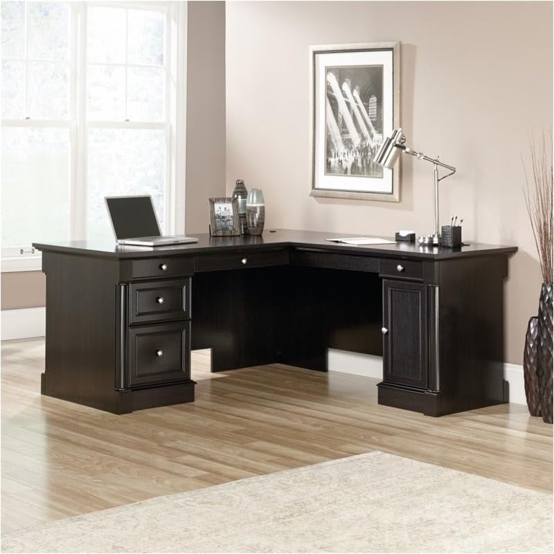 BOWERY HILL L-Shape Home Office Executive Desk with Large Drawers, Letter Size Hanging File Drawer and CPU Tower in Wind Oak Finish BOWERY HILL