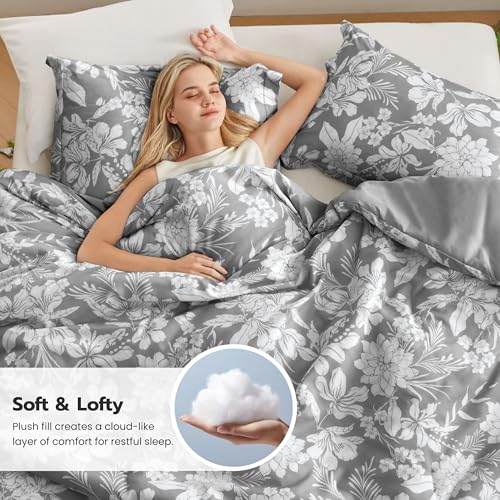 Joiedomi Queen Comforter Set Grey, 3 Pieces Floral Queen Bedding Set with 1 Soft Reversible Botanical Flower Comforter and 2 Pillow Shams, Bed in a Bag for All Seasons Joiedomi