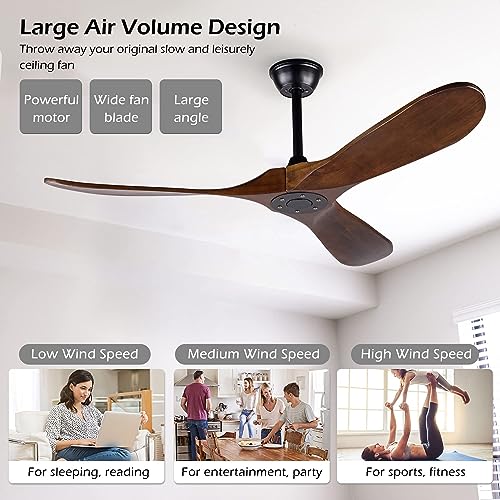 Solid Wood Ceiling Fans Without Light, 52 Inch Real Wood Ceiling Fan with Remote Control and 3 blade, Natural Wood Ceiling Fan Waterproof, Indoor Outdoor Ceiling Fans for Patio, Bedroom, Living room EOPETY