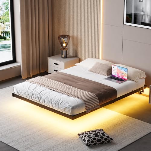 BOFENG Floating Bed Frame Full Size with LED Lights and Charging Station,Heavy Duty Metal Platform Full Size Bed Frame No Box Spring Needed,Nonslip,Noise Free,Easy Assembly BOFENG