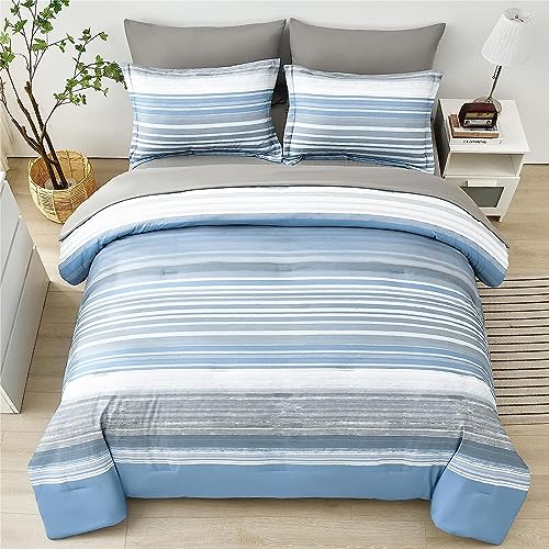 KAKIJUMN 5 Piece Bed in a Bag Stripe Comforter Set Twin Size, White Grey Blue Striped Comforter and Sheet Set, All Season Soft Microfiber Complete Bedding Set(Light Blue,Twin) KAKIJUMN