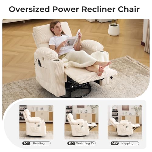 Oversized Power Recliner Chair Swivel Glider with Massage and Heat, Swivel Rocker Recliner with Adjustable Armrests, Nursery Chair with Adjustable Headrest, Rocker Nursery Recliner, Corduroy Beige