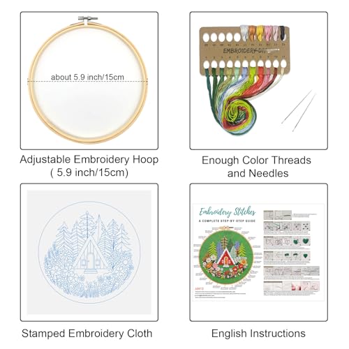 Louise Maelys Embroidery Kits for Beginners,Cross Stitch Kit for Adults,DIY Needlepoint with Forest Garden House Pattern,Including Hoop,Threads and Instructions