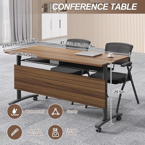 Folding Conference Room Table, Modern Conference Tables with Wheels, Large Rectangular Mobile Training Tables for Office Classroom, Foldable Modular Boardroom Seminar Table Walnut (4pack L63in) JNMDLAKO