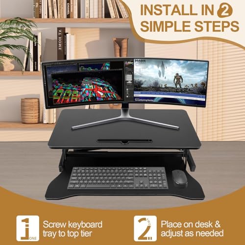 OUKMIC Standing Desk Converter 32” Height Adjustable Sit to Stand Up Desk Riser with Keyboard Tray for Home or Office, Dual Monitor and Computer Workstation Wide 2-Tier Desktop, Black OUKMIC