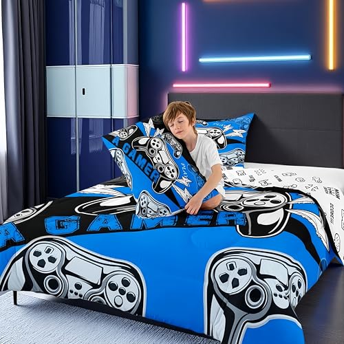 Erosebridal Twin Comforter Set for Boys Girls Kids, Gamer Comforter Set for Boys Teens, Gaming Console Bedding Decor Blue Black 2Pcs Erosebridal