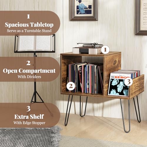 Giantex Record Player Stand with Charging Station, Turntable Stand with Vinyl Divider & Display Shelf, Mid-century Modern End Table Holds Up to 150 Albums, Vinyl Record Storage Cabinet for Living Room Giantex