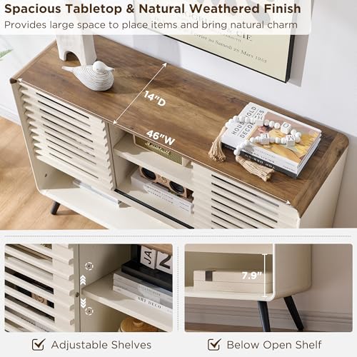RedLemon 46" Entryway Table, Mid Century Modern Console Table with Slatted Sliding Door, Storage Shelf Wood Sofa Table Behind Couch for Hallway, Living Room, Foyer, Antique White RedLemon