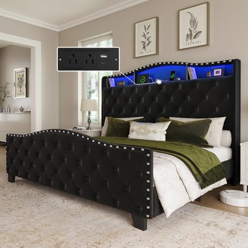 Belffin Queen Size Bed Frame and Headboard, 50.9" Velvet Upholstered Wingback Bedframe with LED Lights & Storage/Charging Station, Button Tufted Tall Footboard, No Box Spring Needed, Noise-Free, Black Belffin