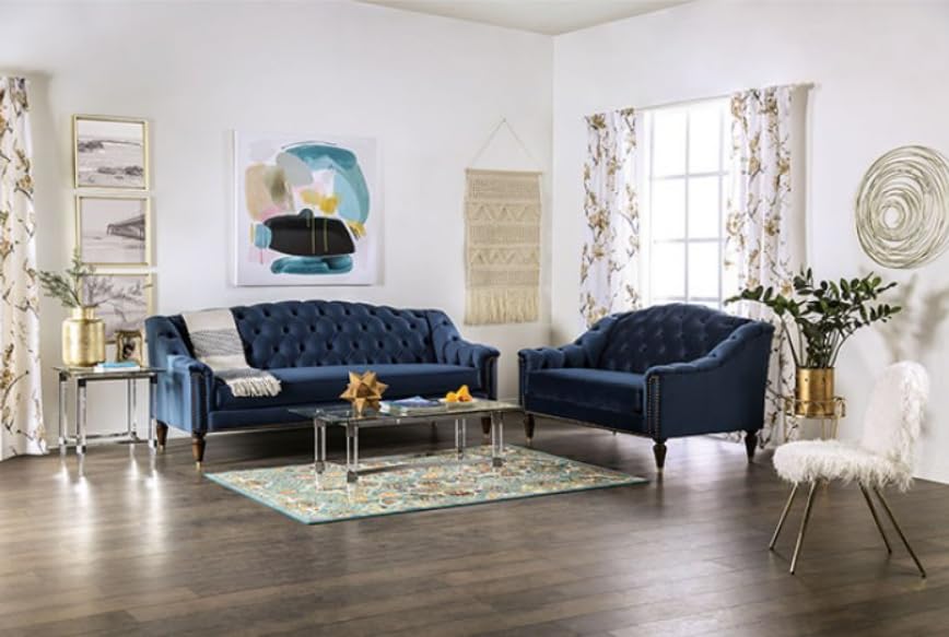 MASARA Tufted Velvet Sofa, 91-inch Camelback Design, Blue with Nailhead Trim and Walnut Legs MASARA