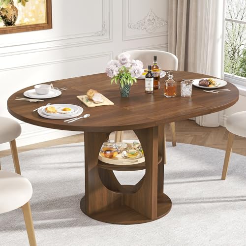Modern Extendable Round Dining Table for 4-6, 43-59 Inch Oval Dinner Kitchen Table with Storage, Wood Walnut Circle Table with Leaf, Space Saving, for Dining Room, Living Room Xyulmeo