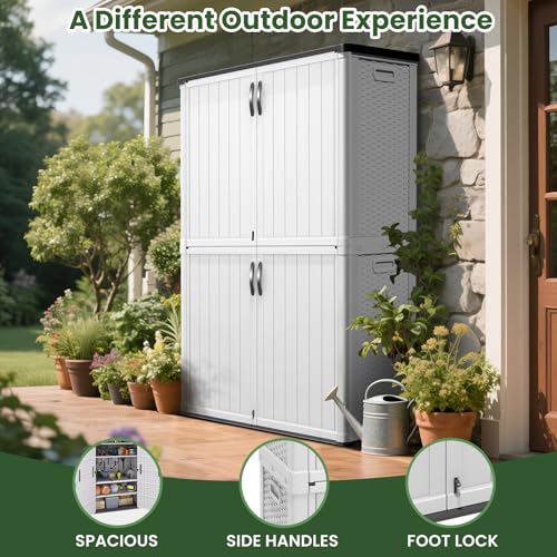 Greesum Outdoor Storage Cabinet Without Shelves, 45 cu.ft Outdoor Waterproof Storage Shed for Garden Tools, Pool Storage, Garbage Cans, White Greesum