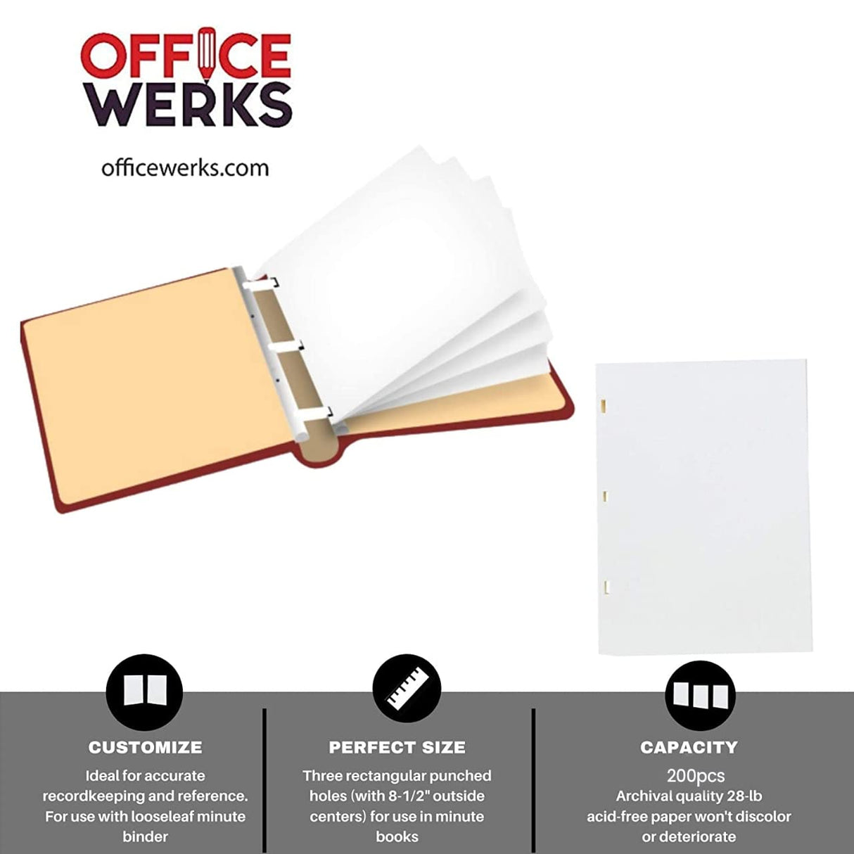 Performore 11 X 8.5 Inch Letter Size Minute Book Paper, 3 Hole Punched White Loose Leaf Minute Book Ledger Sheets, 200 Ledger Sheets for Record Keeping Performore