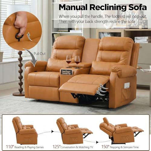 MANBUR RV Reclining Loveseat Sofa with Console, Wall Hugger Recliner Sofa, Double Recliner Home Movie Theater Seating with Cup Holders & Storage (Faux Leather Orange)
