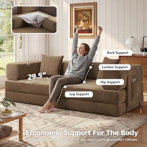 MoonSpeak 78.8''Sleeper Couch Bed for Livingroom,Convertible Modular Sofa with Armrest Pillow,Modular Foldable Corduroy Couches in a Box,No Assembly (Brown) MoonSpeak
