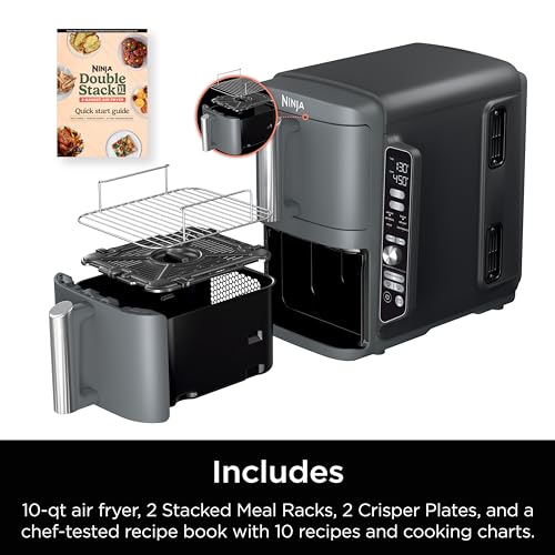 Ninja SL401 DoubleStack XL 2-Basket Air Fryer, DoubleStack Technology Cooks 4 Foods at Once, Compact Design, 10 QT, 6-in-1, Smart Finish & Match Cook, Air Fry, Broil, Bake, Easy Meals, Easy Clean,Grey Ninja
