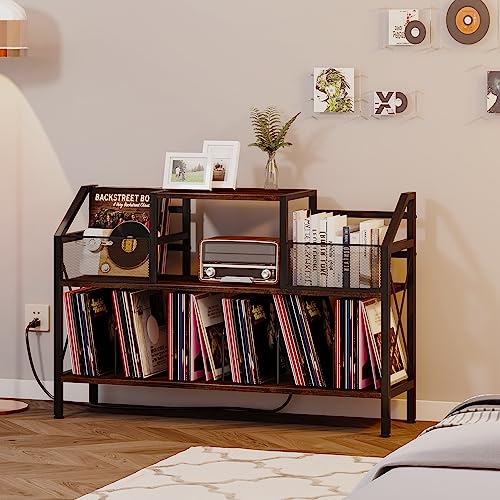 Homeiju Record Player Stand Holds up to 500 Albums, Turntable Stand with Vinyl Record Player Storage Cabinet, Records Vinyl Albums Storage, Rustic Brown Homeiju