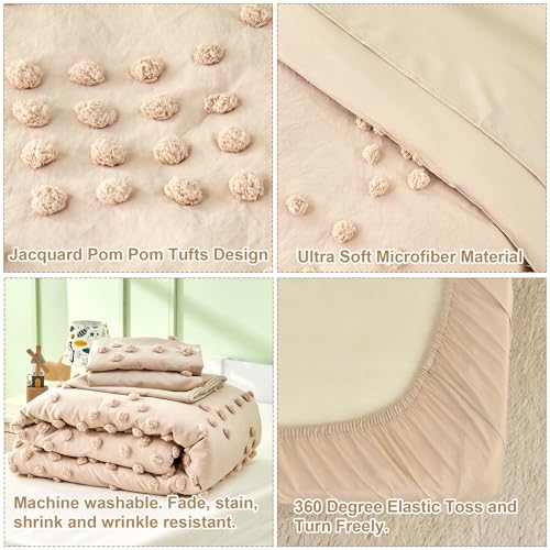 Toddler Bedding Set for Girls 4-Piece Beige Jacquard Pom Pom Tufts Embroidery Bohemian Boho Tufted Dots Comforter Set for Baby Kids Bed-in-a-Bag with Comforter, Flat Sheet, Fitted Sheet, Pillowcase VIVILINEN