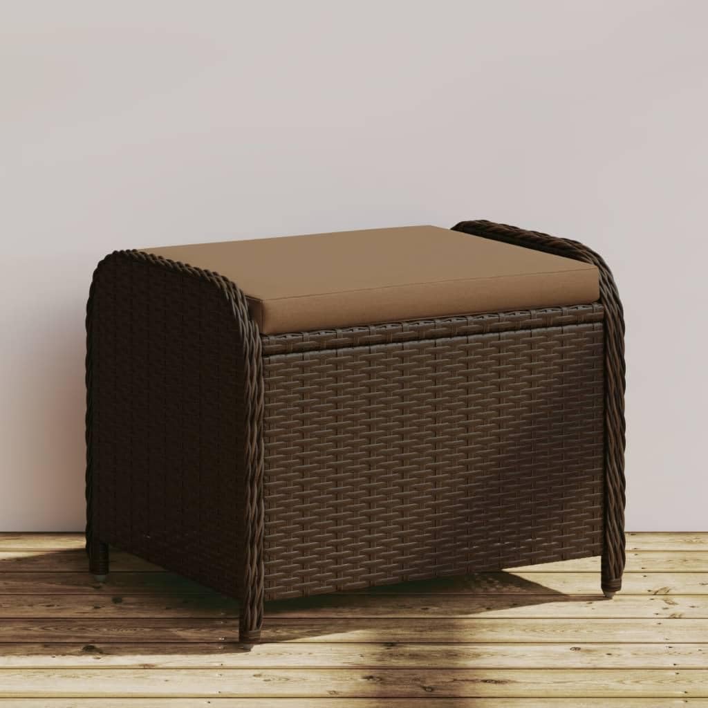 vidaXL Patio Stool with Cushion - Brown Poly Rattan Outdoor Ottoman Seating - Steel Frame - 22.8" x 18.1" x 18.1" vidaXL