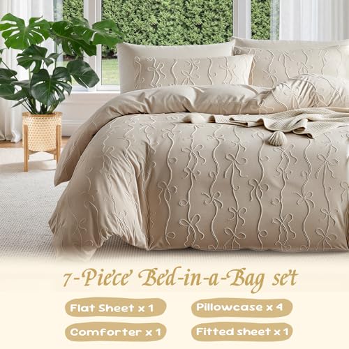 Jameswish 7 Pieces Bow Tufted Boho Comforter Set Khaki Farmhouse Shabby Chic Embroidered Bedding for All Seasons Full Size with Comforter Sheets Pillowcases Shams Jameswish
