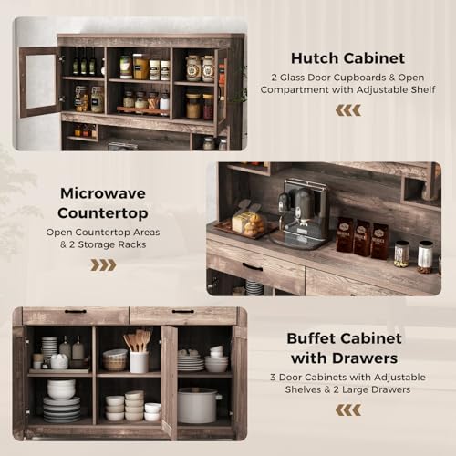 SILKYDRY 78.5" Tall Kitchen Hutch Storage Cabinet, Large Buffet Cupboard with Glass Doors, Drawers, Adjustable Shelves, Wooden Kitchen Pantry Cabinet with Microwave Shelf for Home Coffee Bar SILKYDRY