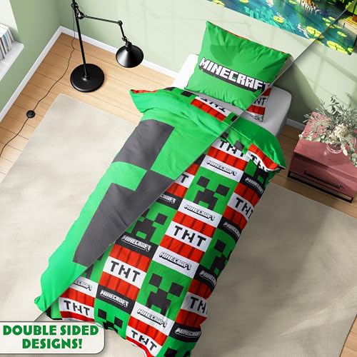 Get Trend Minecraft Single Duvet Cover Set with Pillowcase for Boys, 53"x79", Reversible Creeper TNT, Soft Boys Bedding, Gamer Gifts for Kids (Green Minecraft) Get Trend