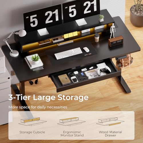 GTPLAYER Electric Standing Desk with Drawers, 48 x 24 Inch Height Adjustable Gaming Desk with Monitor Stand, Power Outlets & LED Lights, Home Office Sit Stand Up Desk with Memory Preset (Black) GTPLAYER