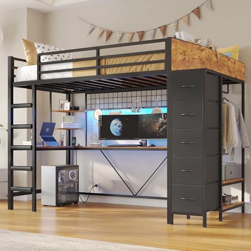 VIAGDO Loft Bed Twin Size with Hall Tree, Charging Station and LED Lights, Metal Loft Bed with L-Shaped Desk, 5 Storage Drawers, Heavy Duty Twin Size Bed with Stairs, No Box Spring Needed, Black VIAGDO