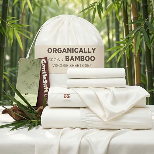 Bedsure 100% Organically Grown Bamboo Viscose Sheets - 18 Inches Deep Pocket Sheets with Elastic Corner, King Size Sheets Set, Ultra-Soft, Silky & Cooling Bedsheets, Oeko-Tex, 4 Pieces, Ivory Bedsure