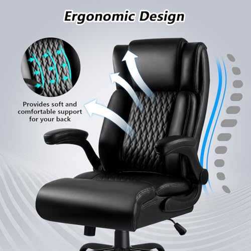 VENDORZ Big and Tall Office Chair, Ergonomic Leather Office Computer Desk Chair, Black Heavy Duty Office Chair with Flip-up Armrest, Comfortable High Back Home Chair 400 LBS with Lumbar Support VENDORZ