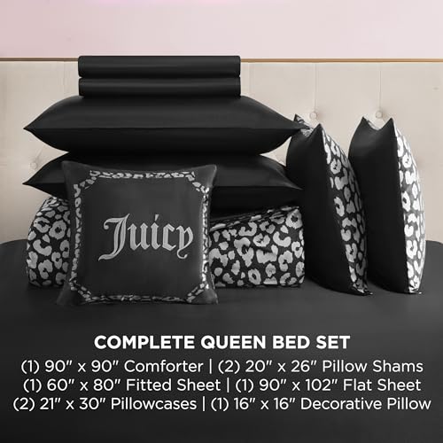 Juicy Couture Modern Black Leopard Satin Queen Comforter Set - Luxury Bed in a Bag – Soft & Stylish 8-Piece Bedding Collection Juicy Couture