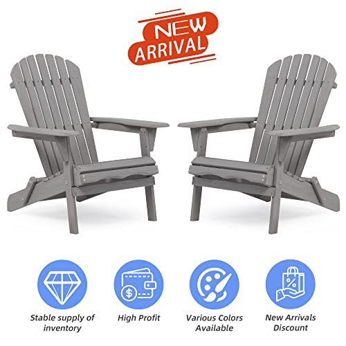 Ajikgn Outdoor Wooden Folding Set of 2 Solid Cedar Wood Lounge Patio Garden, Lawn, Backyard Adirondack Chair, Gray Ajikgn