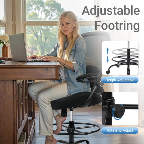 HYLONE 400lbs Big and Tall Heavy Duty Drafting Chair 5" Thickened Seat Tall Office Chair Flip-Up Armrests Ergonomic Chair with Lumbar Support and Adjustable Footrest Ring Standing Desk Chair (Black) HYLONE