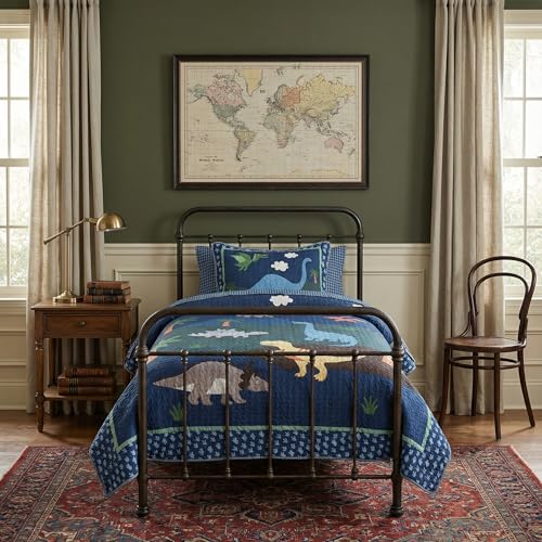 Soul & Lane Dinosaur Quilt Set – Twin and 1 Sham, Kids Dinosaur Bedding for Boys, Toddler Twin Comforter and Dino Bedspread, Reversible T-Rex Bedding with Blue Check Pattern, Dino Delight Soul & Lane