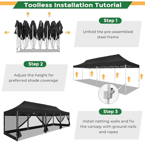 COBIZI 10x30 Heavy Duty Pop Up Canopy with 8 Sidewalls, Commercial Gazebo Party Tent with Mosquito Netting Wall Easy Set Up Outdoor Instant Screen Tent for Backyard, Patio, Garden, Black COBIZI