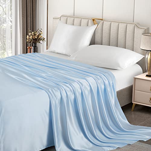Counfeisly Satin Twin Flat Sheet, Luxury and Silky Soft Bed Top Sheet Only, Baby Blue Counfeisly